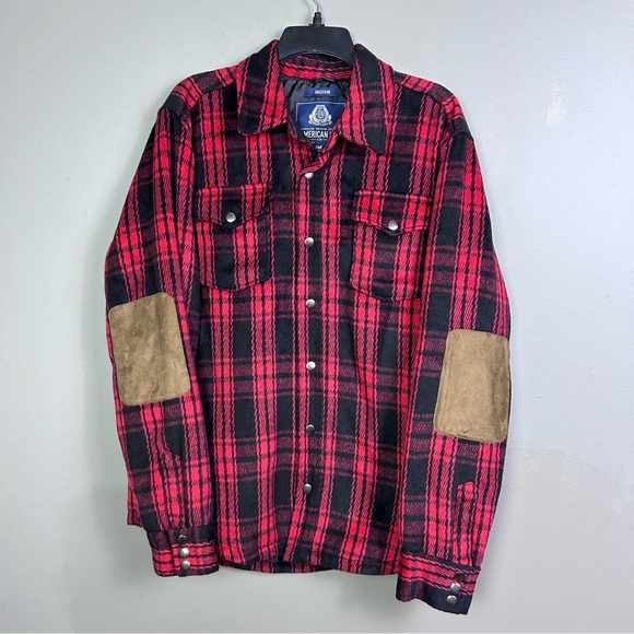American Rag shacket shirt jacket men's Medium‎ Buffalo plaid red snap quilted